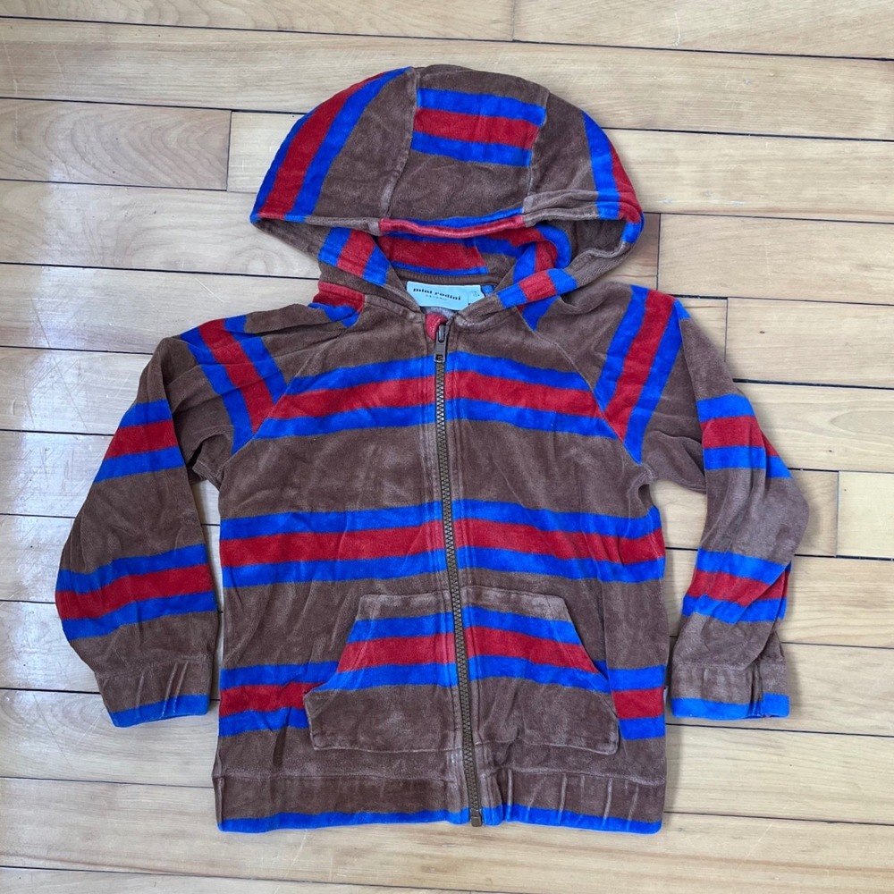 Mini Rodini Cotton Velour Striped Zip Hoodie Brown Blue Red Sz 116 122/ kids 7-8